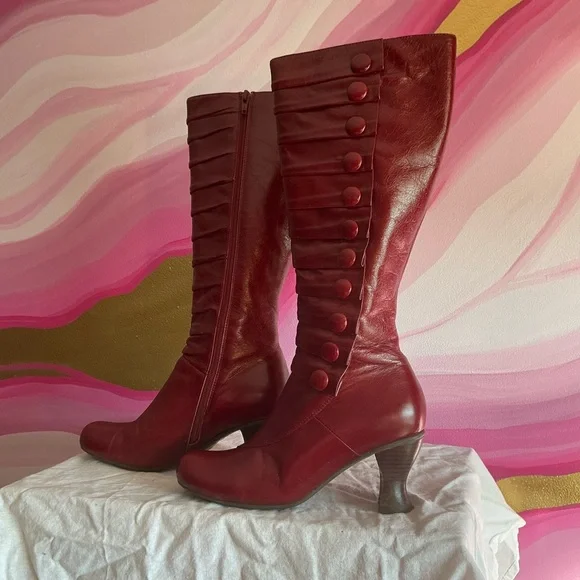 Miz Mooz Deep Red Button Detail Heeled Boots - Picture 4 of 16